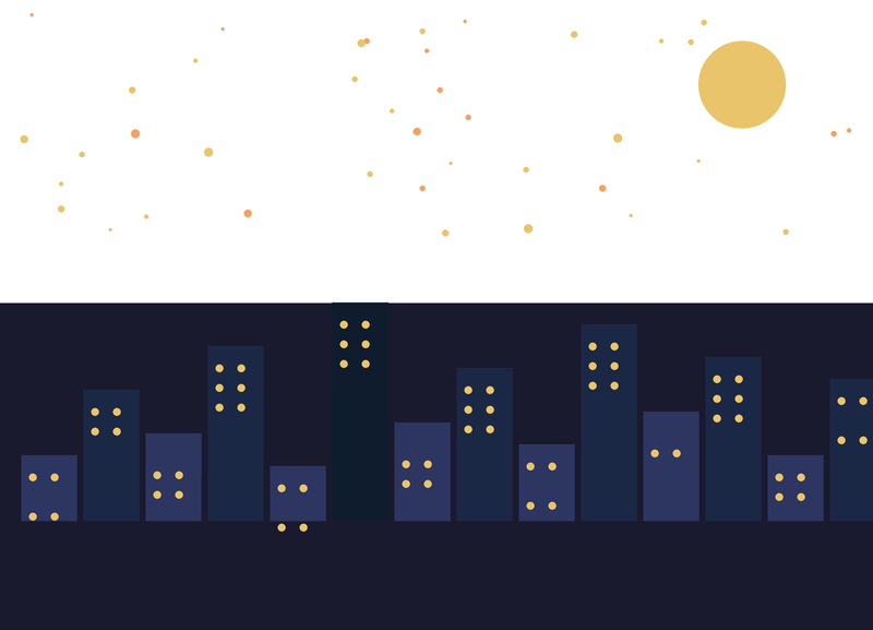 Eine Stadt bei Nacht: dunkle Häuser mit gelben Fenstern, ein Mond und Sterne am Himmel