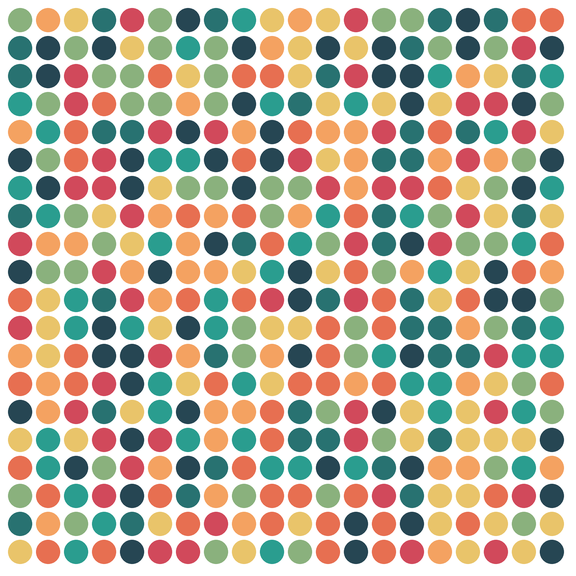 Ein 20x20-Raster aus Punkten, jede Zelle in einer zufälligen Farbe aus einer Palette