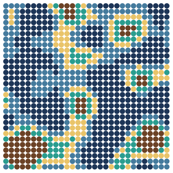 Eine Inselwelt aus Perlin Noise: dunkelblaues Wasser, helleres Wasser an den Küsten, gelber Sand, grünes Land und braune Berge