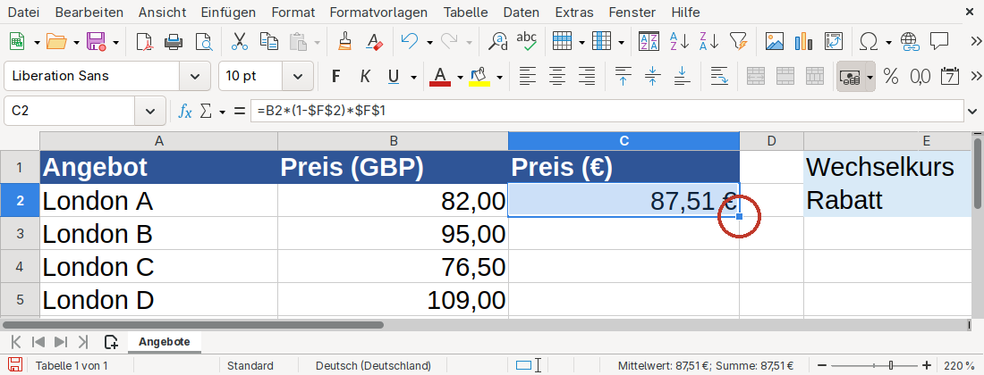 Calc, stark vergrößert: Die Zelle C2 mit der Formel =B2*(1-F2)*F1 ist ausgewählt. Unten rechts am Zellrahmen sitzt das kleine Ausfüllkästchen, rot eingekreist.
